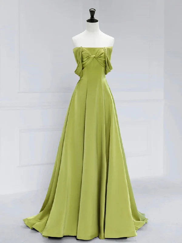 A-Line Satin Off Shoulder Green Long Prom Dress, Green Long Formal Dress empire Waist empire