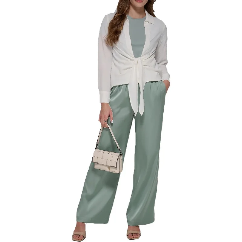 Calvin Klein Womens Satin High Rise Wide Leg Pants Casual Lounge Pants