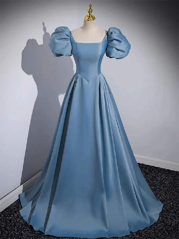 A-Line Puff Sleeves Satin Blue Long Prom Dress, Blue Long Formal Dress Bodycon Club Sequined A-Line Puff Sleeves Satin Blue Long Prom Dress, Blue Long Formal Dress Bodycon Club Sequined