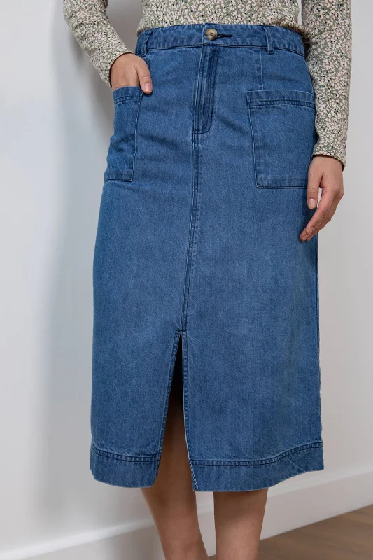 Lily & Me LB003 Penrose Blue Denim Midi Skirt a-line skirt cut