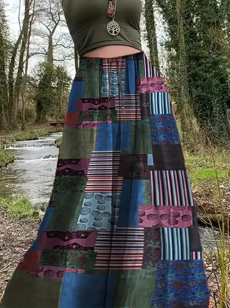 Boho Patchwork Olive Multicolor Maxi Skirt lightweight skirt design