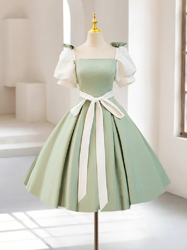 A-Line Puff Sleeves Satin Green Short Prom Dress, Cute Homecoming Dress Tunics stripes playful A-Line Puff Sleeves Satin Green Short Prom Dress, Cute Homecoming Dress Tunics stripes playful