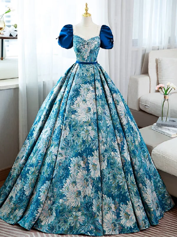 A-Line Puff Sleeves Satin Blue Long Prom Dress, Blue Long Formal Dress Square Neckline Feminine A-Line Puff Sleeves Satin Blue Long Prom Dress, Blue Long Formal Dress Square Neckline Feminine