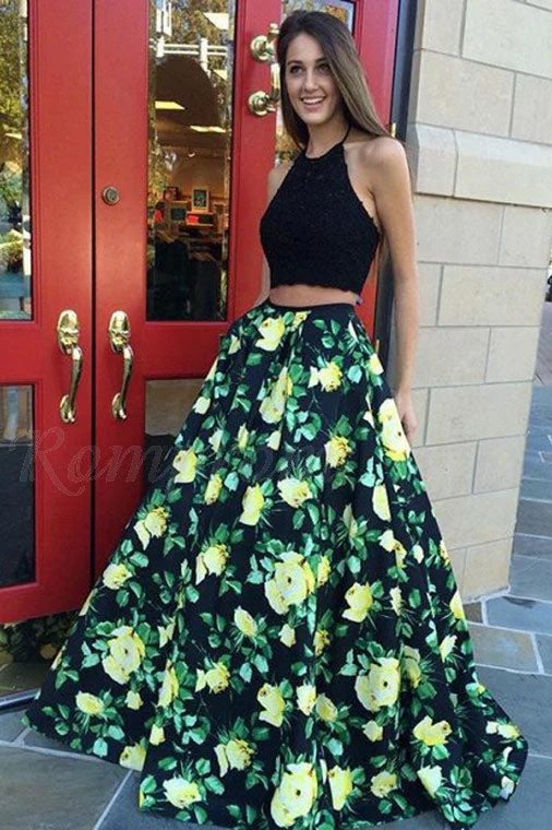 Halter Two Piece Prom Dress with Lace Pleats Floral Print Party Dress OKQ91 Tunics Custom made Halter Two Piece Prom Dress with Lace Pleats Floral Print Party Dress OKQ91 Tunics Custom made