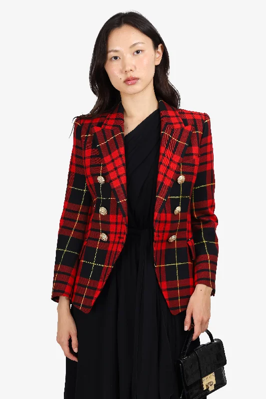 Balmain Red Plaid Blazer with Gold Buttons Size 38 Women's Wedding Blazer
