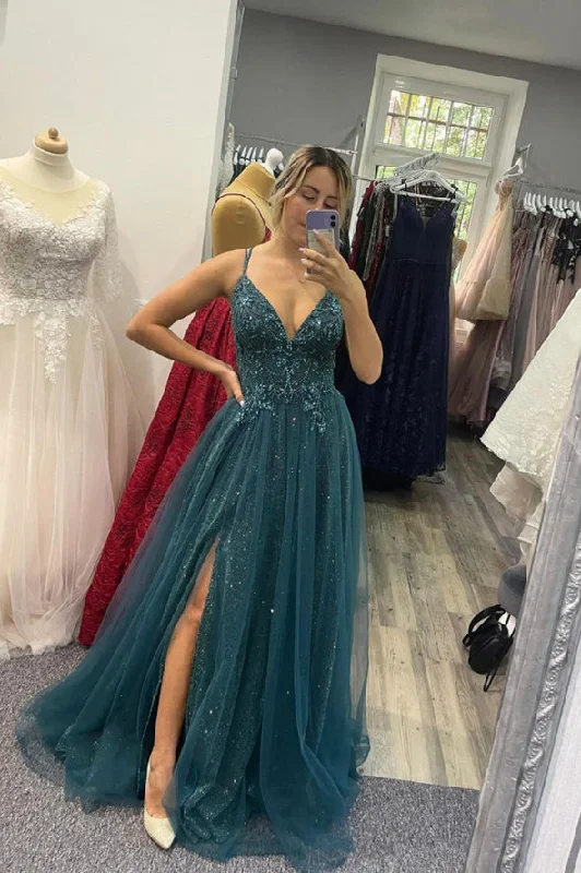 New Arrival Tulle Beaded Long A line Prom Dress Spaghetti Straps Evening Party Dress OK1389 Peplum Ruffle Cocktail