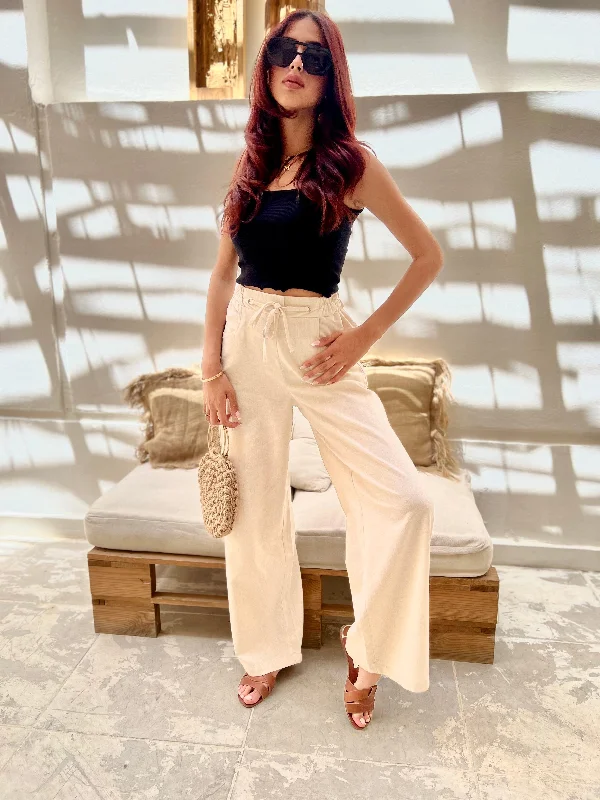 Beige Bloom Pants Comfy Zip-Up Pants