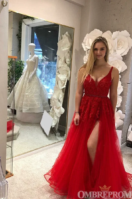 Chic Red Prom Dresses V Neck Split Side Lace Party Dresses Tunics Business professional Chic Red Prom Dresses V Neck Split Side Lace Party Dresses Tunics Business professional