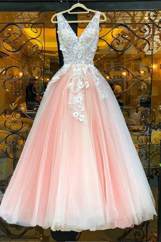 A Line V Neck Pink Lace Appliques Long Prom Dresses, Pink Lace Formal Evening Dresses, Pink Party Dresses Tunics Modern contemporary