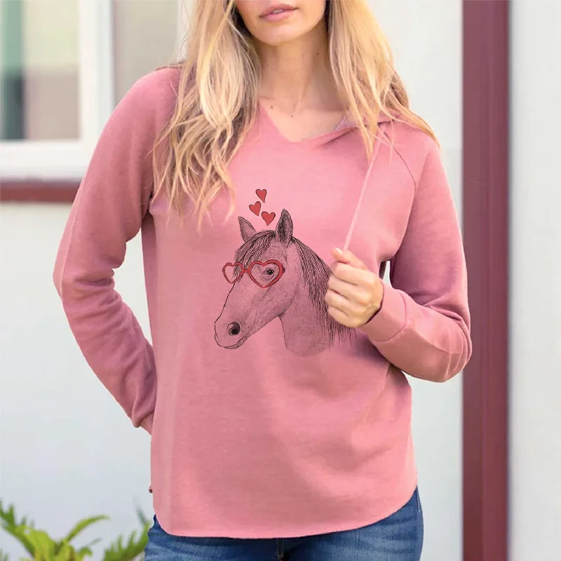 Valentine Midnight the Missouri Foxtrotter Horse - Cali Wave Hooded Sweatshirt Hoodie with Hem Raw Edge Edgy Unfinished Valentine Midnight the Missouri Foxtrotter Horse - Cali Wave Hooded Sweatshirt Hoodie with Hem Raw Edge Edgy Unfinished