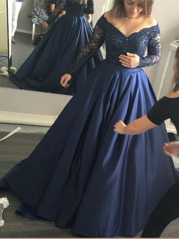 Dark Blue Long Sleeves Lace Prom Gown, Navy Blue Prom Dress, Formal Dress Tunics Bridal satin Dark Blue Long Sleeves Lace Prom Gown, Navy Blue Prom Dress, Formal Dress Tunics Bridal satin