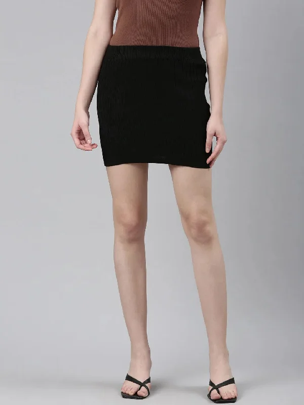 Women Black Solid Straight Skirt-BEC-8-Black cotton skirt soft