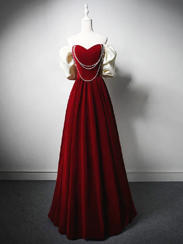 Burgundy A-Line Off Shoulder Velvet Lace Long Prom Dress, Burgundy Long Formal Dress Tunics Chinos classic Burgundy A-Line Off Shoulder Velvet Lace Long Prom Dress, Burgundy Long Formal Dress Tunics Chinos classic