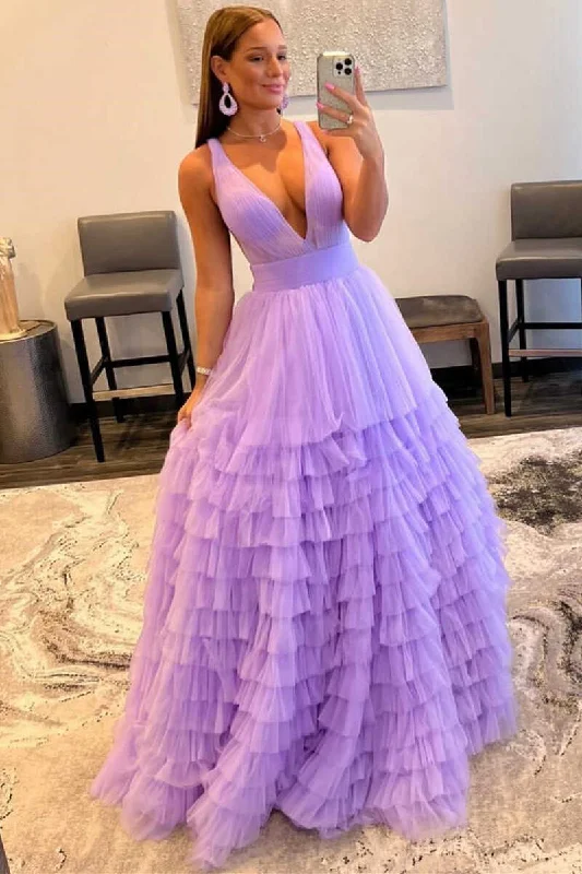 Multi-Tiered Lavender Plunge Neck A-Line Long Prom Dress Evening Party Dress OK1531 Satin Halter Glamorous Multi-Tiered Lavender Plunge Neck A-Line Long Prom Dress Evening Party Dress OK1531 Satin Halter Glamorous