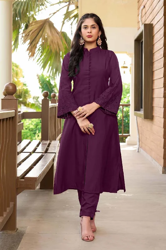 Violet Hand Embroidery Art Silk A Line Pants Kurta Set Slim Fit Casual Pants
