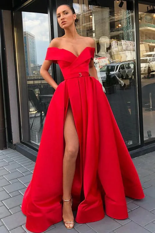 Off the Shoulder Red Satin V Neck Long Prom Dresses, High Slit Party Dresses with Pockets STK15271 Tunics Custom made Off the Shoulder Red Satin V Neck Long Prom Dresses, High Slit Party Dresses with Pockets STK15271 Tunics Custom made