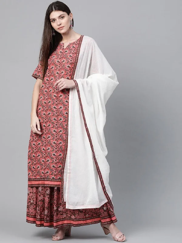 Women's Pink & Charcoal Grey Ethnic Printed Kurta with Skirt & Dupatta - AKS leather skirt bold Women's Pink & Charcoal Grey Ethnic Printed Kurta with Skirt & Dupatta - AKS leather skirt bold