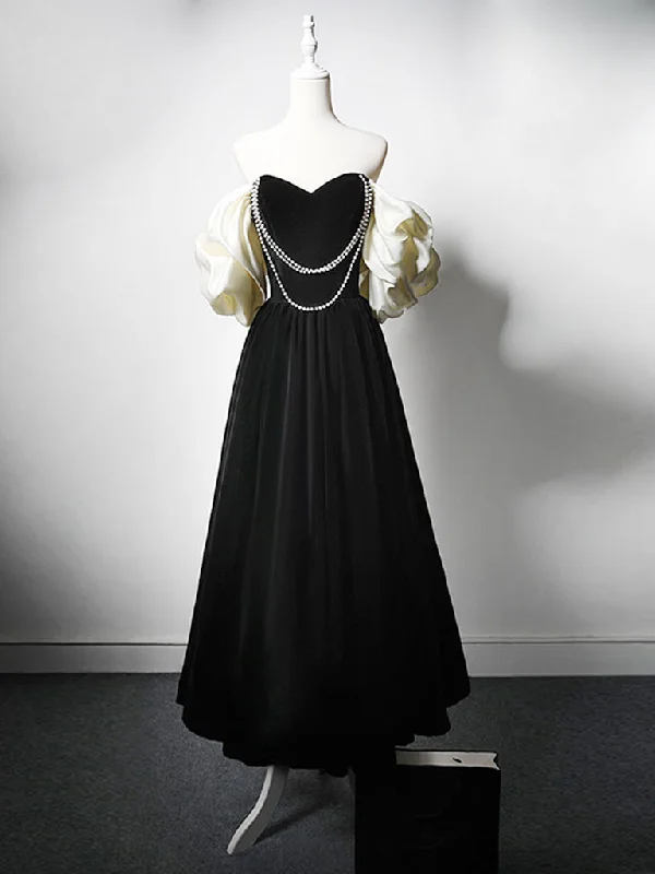 A-Line Velvet Tea Length Black Prom Dress, Tea Length Black Formal Dress Tunics Leisure comfortable A-Line Velvet Tea Length Black Prom Dress, Tea Length Black Formal Dress Tunics Leisure comfortable