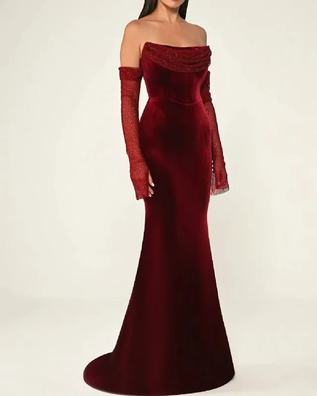 Elegant Velvet Strapless Evening dress with Sleeves SF355 Tunics Custom made
