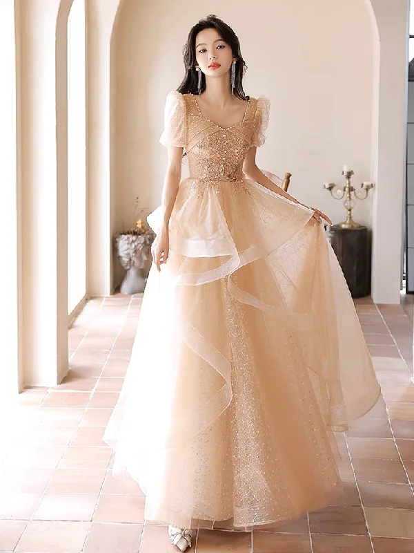 A-Line Champagne Tulle Lace Long Prom Dress, Champagne Long Formal Dress Tunics Trendy modern A-Line Champagne Tulle Lace Long Prom Dress, Champagne Long Formal Dress Tunics Trendy modern