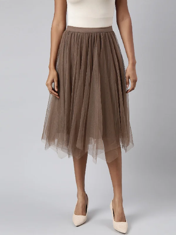 Women Flared Midi Brown Solid Skirt-CHN-2509-Brown low waist skirt