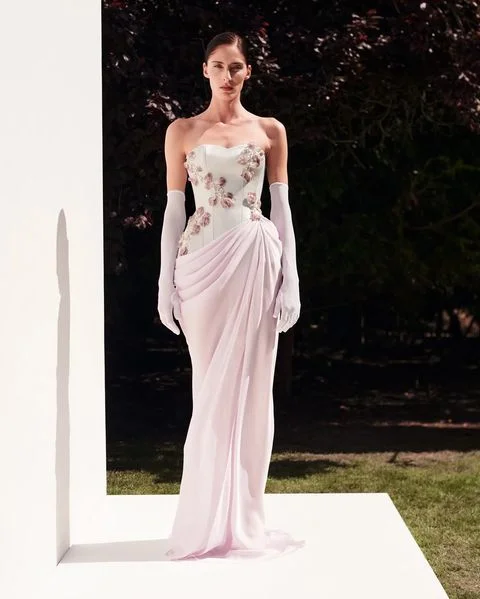 Elegant Pink 3D Flowers Strapless Evening Dresses SF329 Tunics Mesh breathable