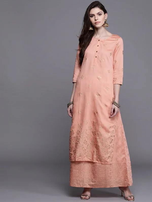 Women's  Peach-Coloured & Golden Printed Kurta with Skirt - AKS velvet skirt plush
