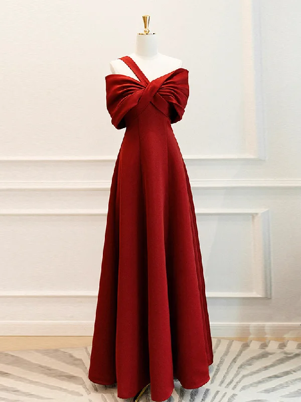A-Line One Shoulder Satin Burgundy Long Prom Dress, Burgundy Long Formal Dress Tunic Top Casual A-Line One Shoulder Satin Burgundy Long Prom Dress, Burgundy Long Formal Dress Tunic Top Casual