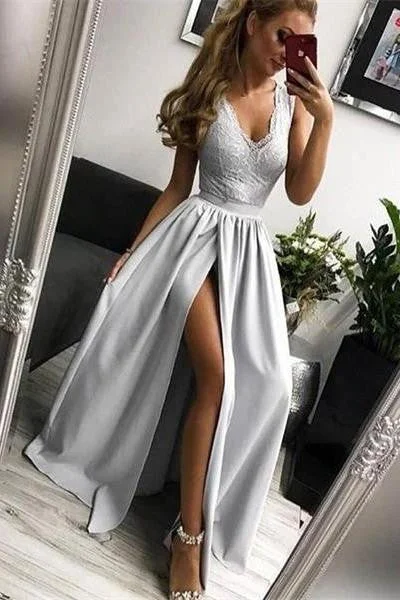 Cheap Silver Long V-neck Lace Satin Prom Dress For Teens Split Party Dresses OKI57 Tunics Seasonal trendy Cheap Silver Long V-neck Lace Satin Prom Dress For Teens Split Party Dresses OKI57 Tunics Seasonal trendy