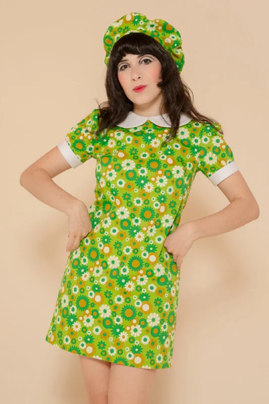 Green Daisy Mini-Dress Turtleneck Warm Winter
