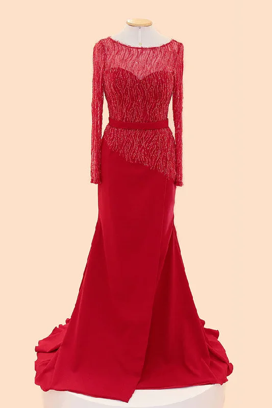Long Sleeves Red Beaded Cap Sleeves Prom Party Dress ED1033 Tunics Chic elegant