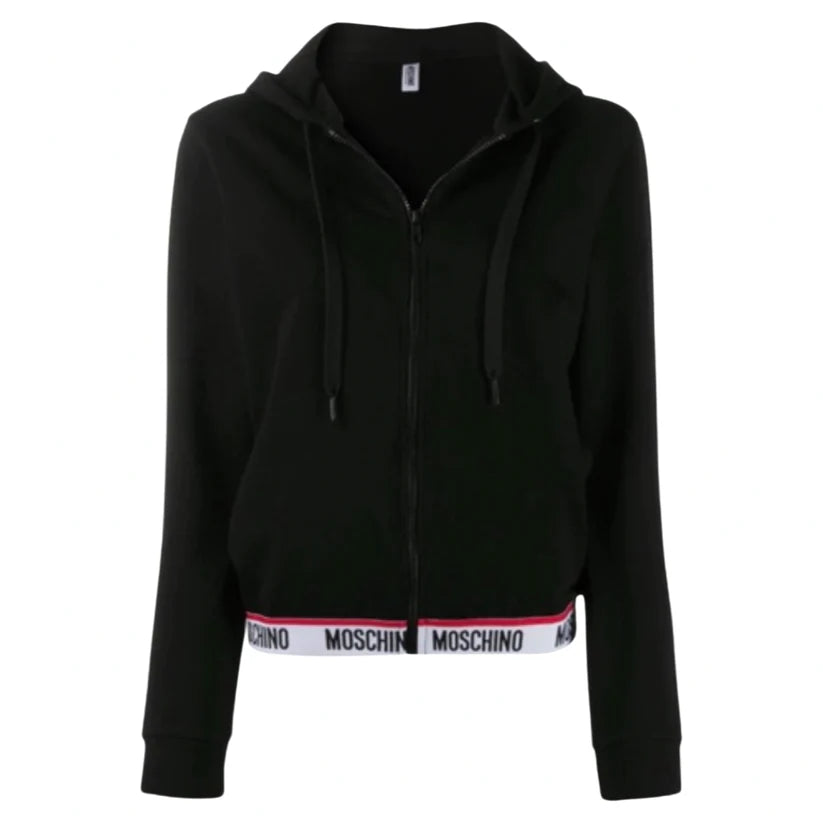 WOMENS MOSCHINO TAPE ZIP UP HOODIE - BLACK Hoodie with Mock Neck Collared Structured WOMENS MOSCHINO TAPE ZIP UP HOODIE - BLACK Hoodie with Mock Neck Collared Structured
