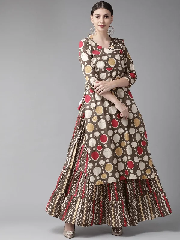 Women's Coffee Brown & Off-White Printed Angrakha Kurta with Skirt & Attached Pallu - AKS corduroy skirt durable Women's Coffee Brown & Off-White Printed Angrakha Kurta with Skirt & Attached Pallu - AKS corduroy skirt durable