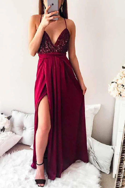 Spaghetti Straps Pleated Dark Red Long Prom Party Dress with Sequins PG645 Tunics Top Casual Spaghetti Straps Pleated Dark Red Long Prom Party Dress with Sequins PG645 Tunics Top Casual