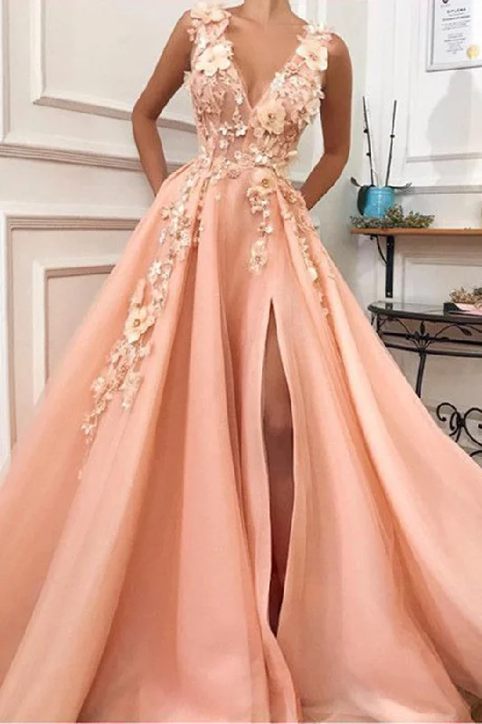 Charming V neck Long Prom Dresses,Tulle Evening Party Dress with Flower OKH55 Tunics Office stylish Charming V neck Long Prom Dresses,Tulle Evening Party Dress with Flower OKH55 Tunics Office stylish