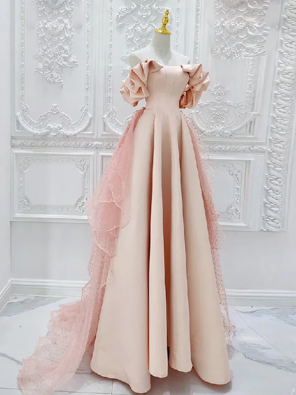 A-Line Off Shoulder Statin Tulle Pink Long Prom Dress, Pink Long Formal Dress Tunics Print Colorful A-Line Off Shoulder Statin Tulle Pink Long Prom Dress, Pink Long Formal Dress Tunics Print Colorful
