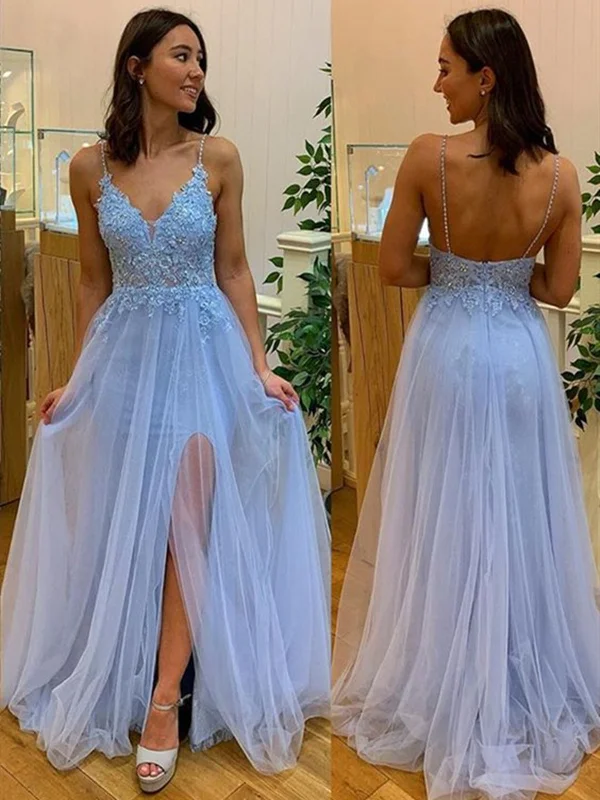 A Line V Neck Light Blue Lace Prom Dresses, Light Blue Lace Formal Evening Dresses Tunics Denim casual A Line V Neck Light Blue Lace Prom Dresses, Light Blue Lace Formal Evening Dresses Tunics Denim casual