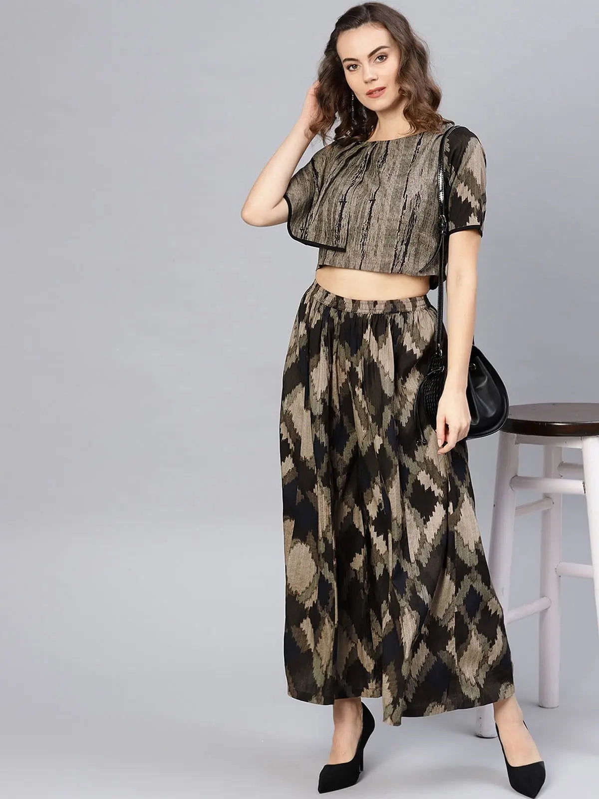 Block Printed Asymmetric Top With Skirt pleated skirt texture
