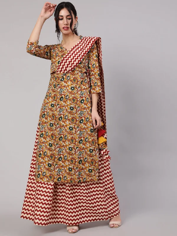 Women's Mustard & Maroon Floral Printed Kurta & Skirt With Dupatta - Aks pleated skirt texture