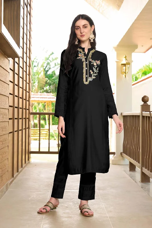 Black Hand Embroidery Art Silk Straight Cut Pants Kurta Set Trendy Tapered Pants