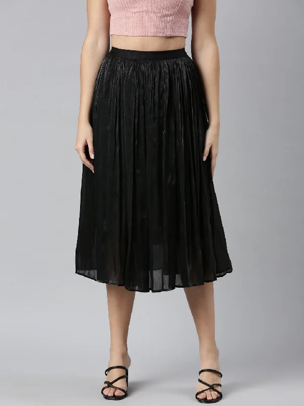 Women Solid Black Flared Midi Skirt-8988-Black silk skirt smooth