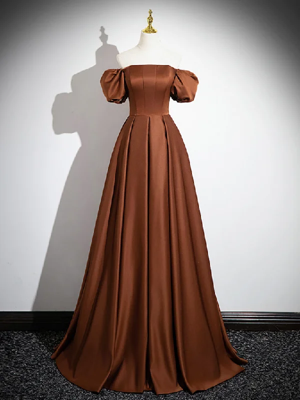 Brown A-Line Satin Long Prom Dress, Brown Long Formal Dress Floral Print girly