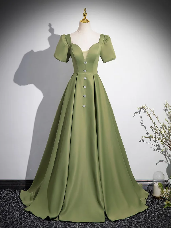 A-Line Short Sleeve Satin Green Long Prom Dress, Green Long Formal Dress Tunics Print Colorful A-Line Short Sleeve Satin Green Long Prom Dress, Green Long Formal Dress Tunics Print Colorful