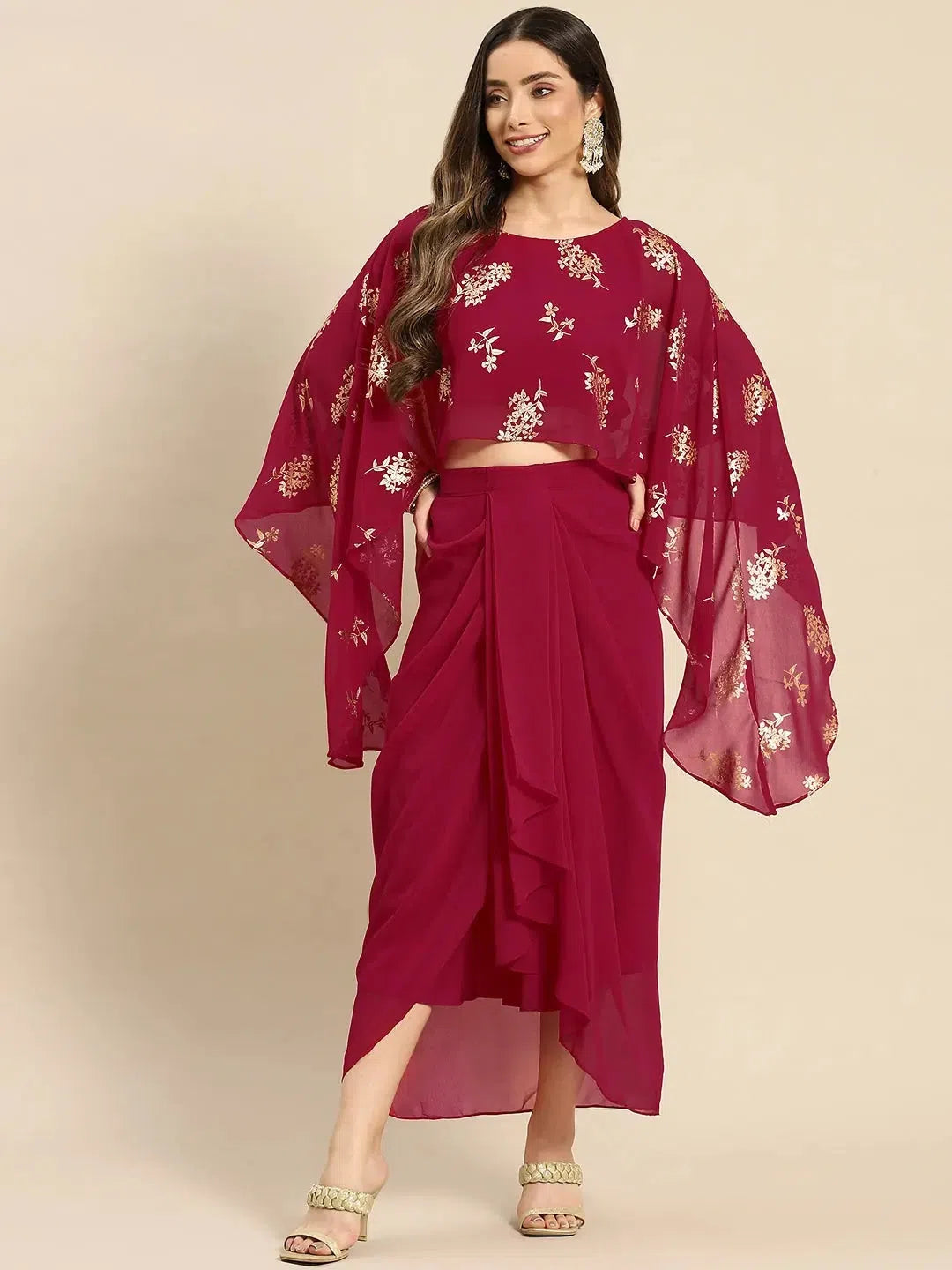 Cape top with draped skirt in Magenta silk skirt lustrous