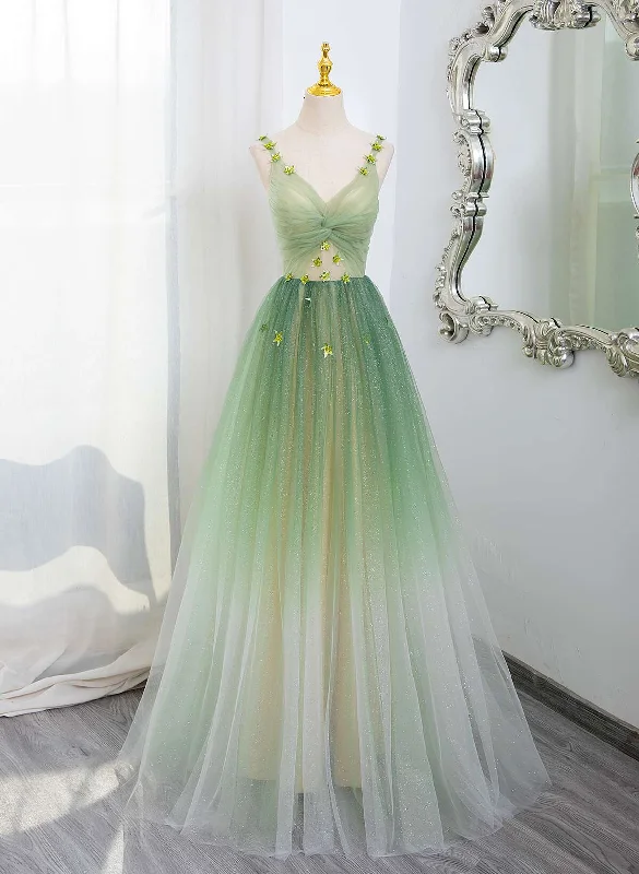 Green Gradient A-line Tulle V-neckline Long Party Dress, Green Tulle Prom Dress Pleated Skirt Elegant