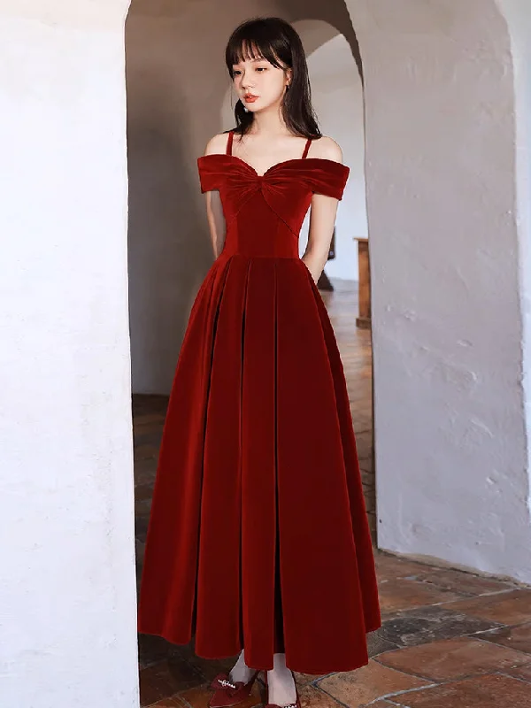 Simple Off Shoulder A-Line Tea Length Velvet Burgundy Prom Dress Tunics Chic fashionable Simple Off Shoulder A-Line Tea Length Velvet Burgundy Prom Dress Tunics Chic fashionable