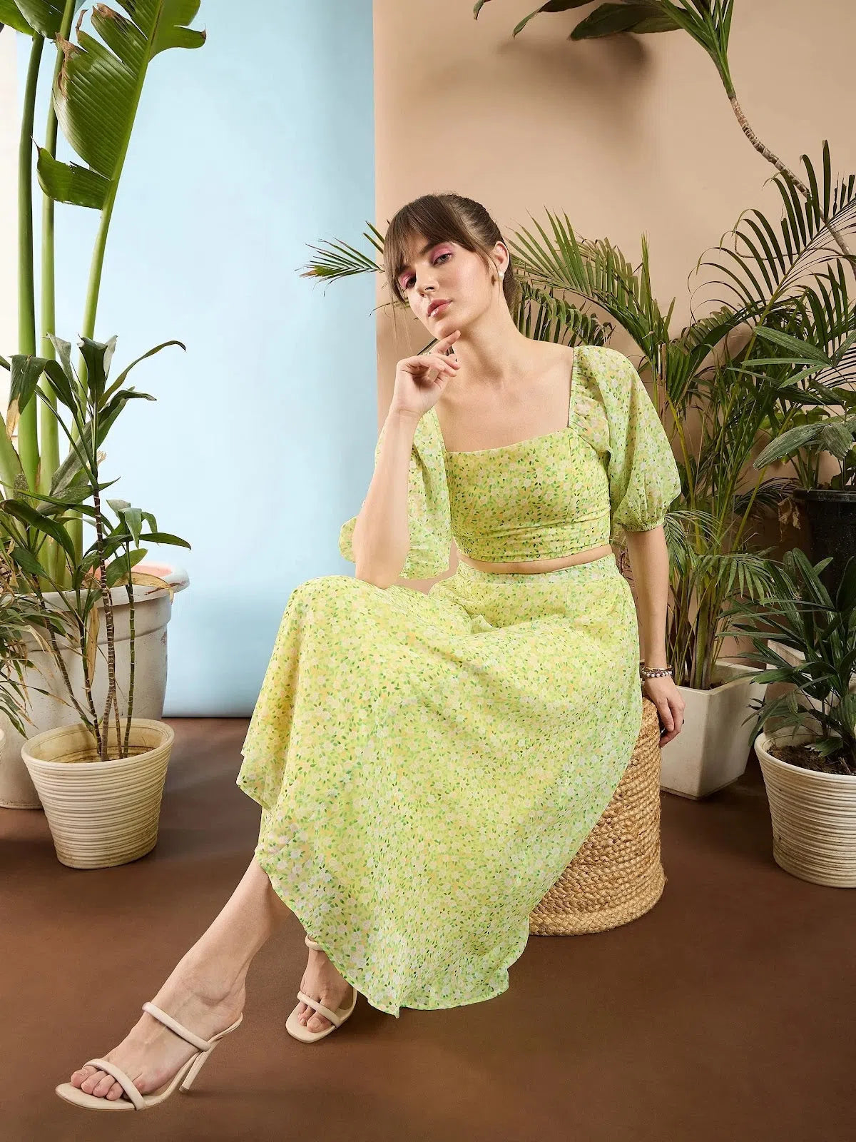 Women Lime Yellow Ditsy Floral Flared Midi Skirt linen skirt breathable