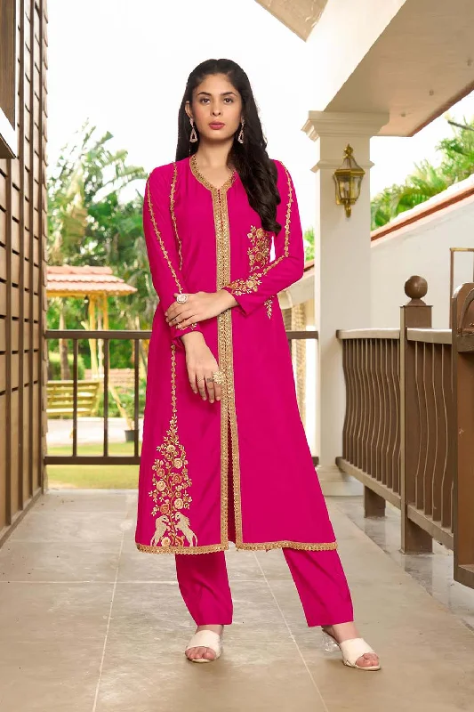 Pink Hand Embroidery Art Silk A Line Pants Kurta Set Chic Black Leggings