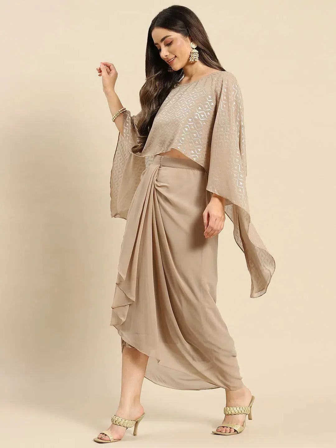 Cape top with draped skirt in Beige lace skirt intricate