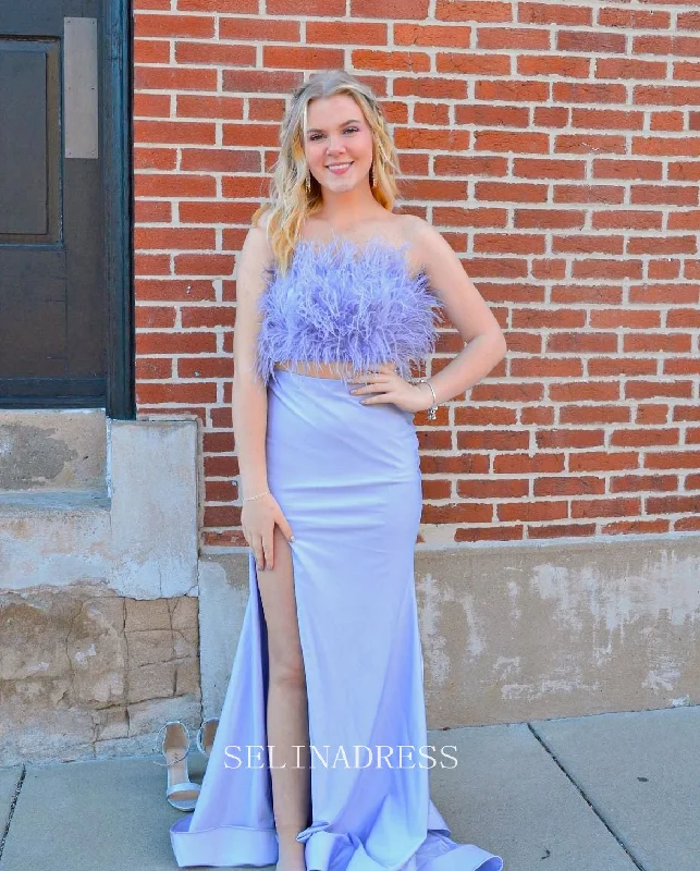 Two Pieces Strapless Elegant Long Prom Dress With Feather Lavender Party Dress #LOP003 Tunics Designer luxury Two Pieces Strapless Elegant Long Prom Dress With Feather Lavender Party Dress #LOP003 Tunics Designer luxury